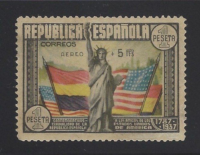 Espagne 1938 - U.S. Constitution stamp. ‘Aéreo + 5 PTS’ with assessment - Edifil nº 765