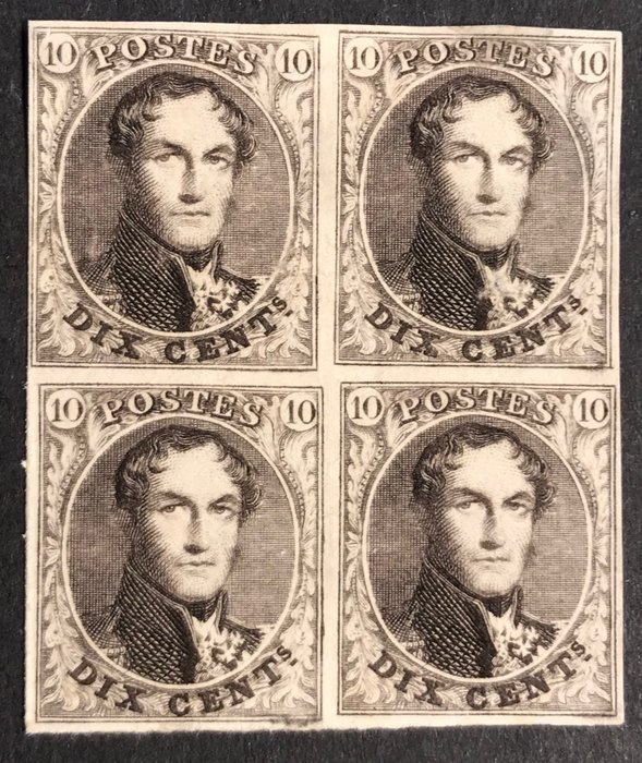 België 1861 - Leopold I Medaillon 10 - 10c donkerbruin in BLOK VAN 4 - OBP 10a