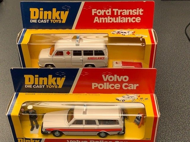 Dinky Toys - 1:43 - Volvo Police Car, Ford Transit Ambulance - No.243, No. 274