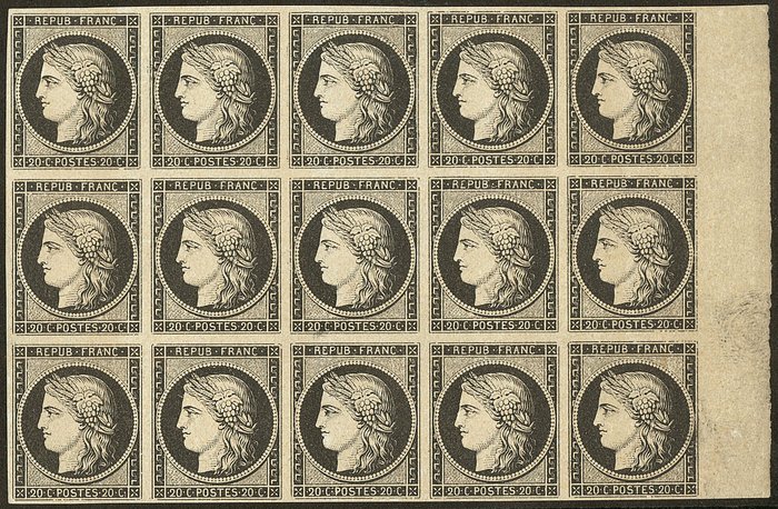 Frankreich 1849 - 20 centimes black on tinted, block of fifteen, sheet margin, very fresh. - Maury 3f