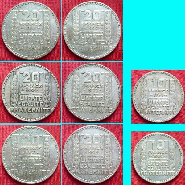 France. 10 + 20 Francs 1933/1938 (8 pieces)
