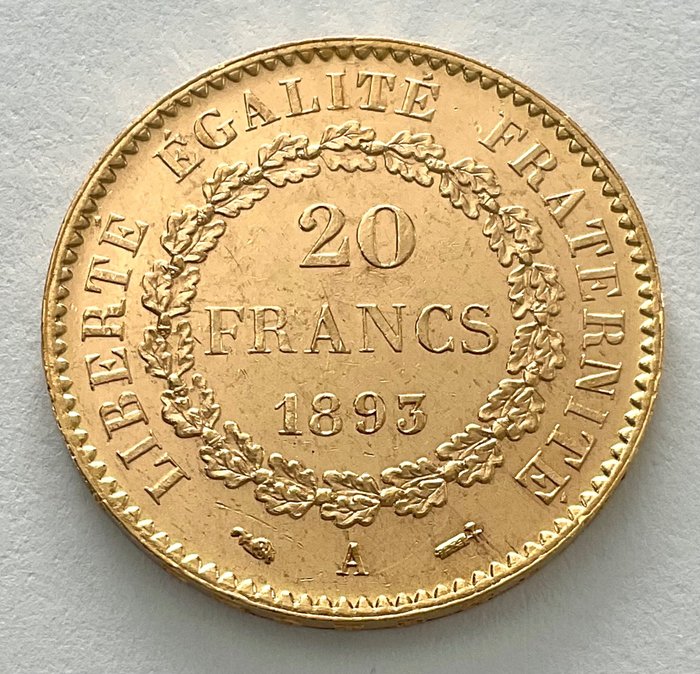 France. 20 Francs 1893 A Genius. Dritte Republik