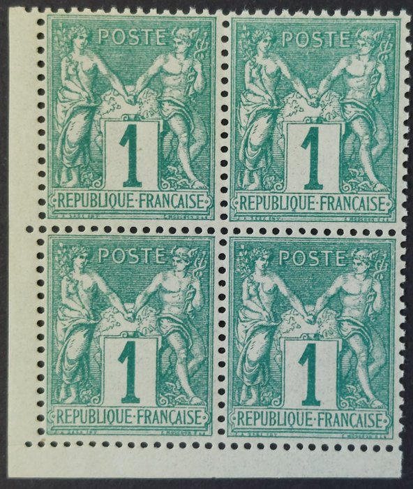 France 1876 - Sage, type I, N sous B, 1 c. vert, bloc de 4 - Yvert 61