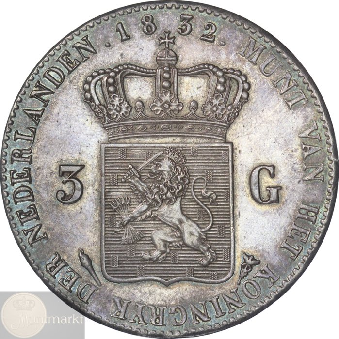 Koninkrijk der Nederlanden. Willem I. 3 Gulden 1832 over 1822 jaartalwijziging