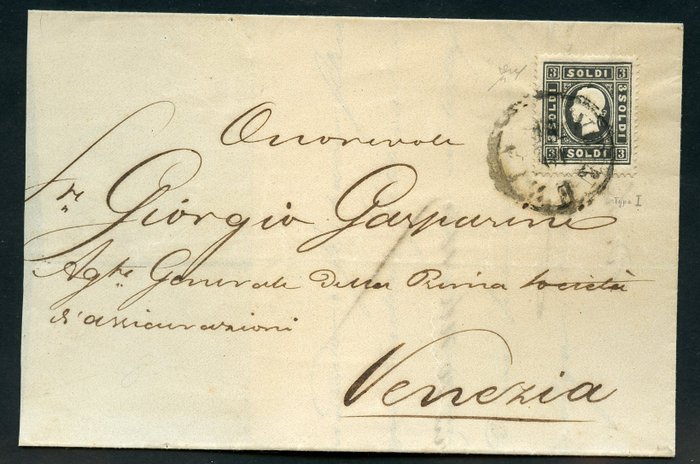 Italiaanse oude staten - Lombardije Venetië 1865 - 3 soldi black isolated on letter to city - Sassone N.  24