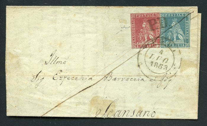 Italiaanse oude staten - Toscane 1853 - 1 crazia carmine and 2 crazie azure on letter - Sassone N. 4 - 5