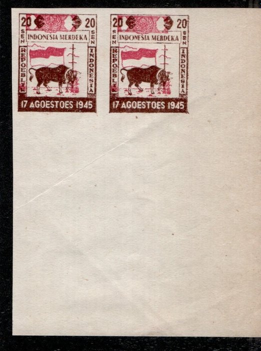 Indonesië 1946 - Interim Java 20 sen Stier, ongetand hoekrandpaar - Zonnebloem 24
