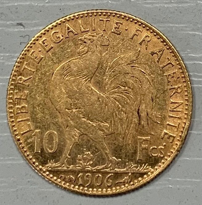 France. 10 Francs 1906 Coq 1906, 3,22 g d'or .900