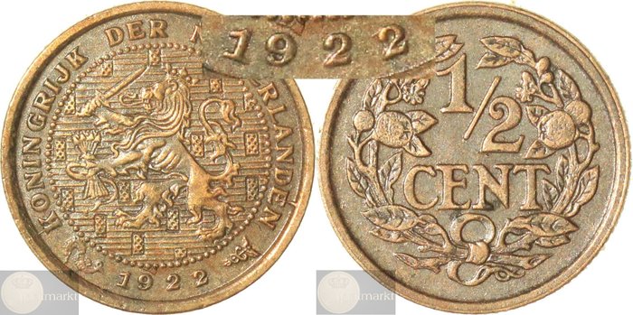 Pays-Bas. Wilhelmina. 1/2 Cent 1922 over 1921 jaartalwijziging