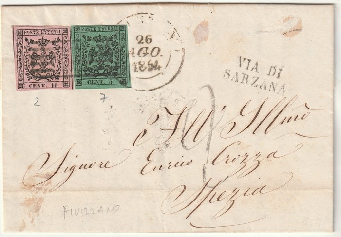 Italiaanse oude staten - Modena 1852 - Bicolore 5+ 10 c. su lettera da Fivizzano Pt.6 x Spezia Via di Sarvzana Pt.6 rara - Sassone n.2a+7