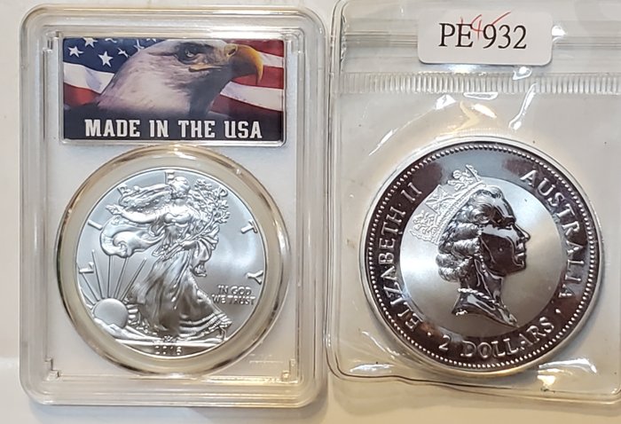 Australie, États-Unis. 2 Dollars 1996 'Kookaburra' + Dollar 2016 'Silver Eagle' - 2 Oz + 1 Oz