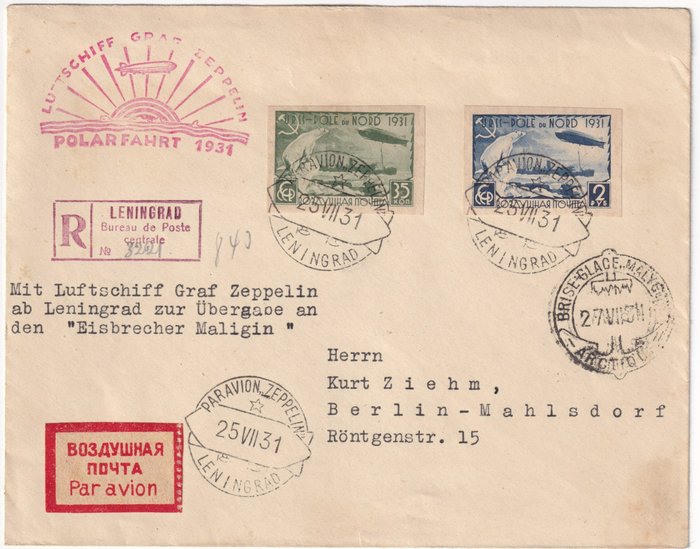 Russische Federatie 1931 - Zeppelin airmail, 2 imperforate values on registered cover from Leningrad to Berlin - Unificato A28A+A30A
