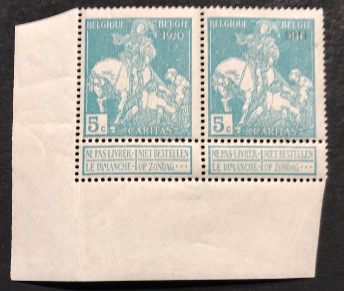 Belgien 1911/1911 - Caritas 5c blue-green - Overprint ‘Charleroi 1911’ - Curiosity ‘semi-missing overprint’ on one stamp - Gesigneerd Baete - Certificaat FNIP - OBP 97-Cu