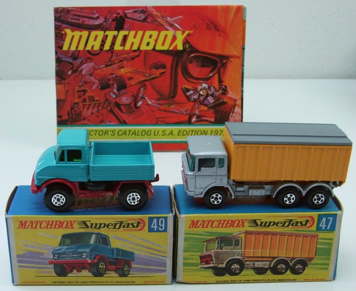 Matchbox - 1:64 - Superfast DAF Tipper Container Truck No.47, Unimog No.49 and 1972 Catalog