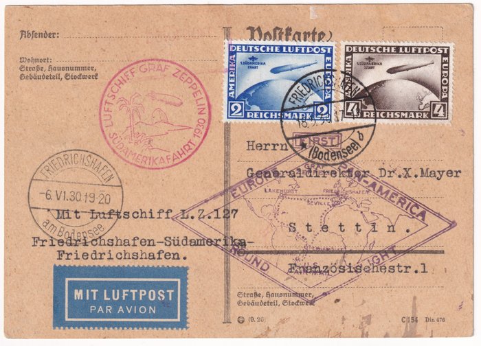 Allemagne et Colonies 1930 - Zeppelin airmail Sudamerika Fahrt, complete set, used on postal stationery - Unificato n.A38/A39