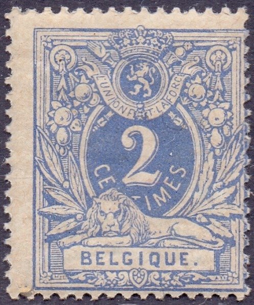 Belgien 1870 - Lying lion with numeral denomination: 2c 'Chalk paper' - OBP/COB 27c