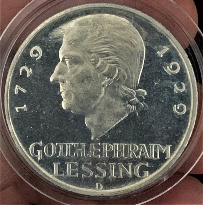 Allemagne, République de Weimar. 5 Reichsmark 1929-D. Lessing. PP min. berührt.