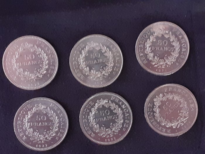 France. Lot de 10 monnaies en argent - 50 Francs Hercule - diverses date 1974/1979