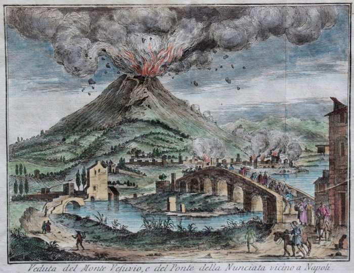 Italia, Campania, Napoli; T. Salmon - Veduta del Monte Vesuvio, e del Ponte della Nunciata vicino a Napoli - 1721-1750