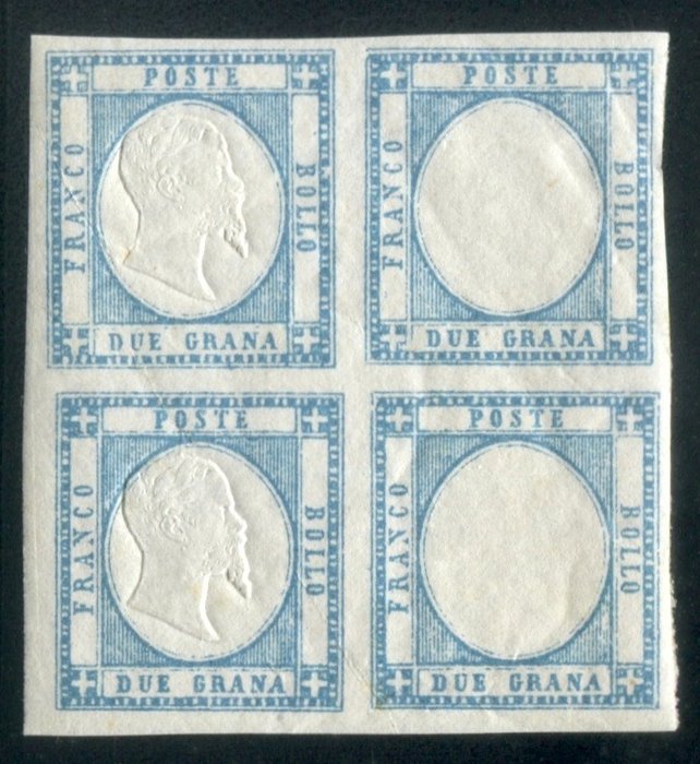 Italian Ancient States - Naples 1861 - Neapolitan Provinces, 2 grana sky blue, block of 4 with and without effigy - sassone 20a/i