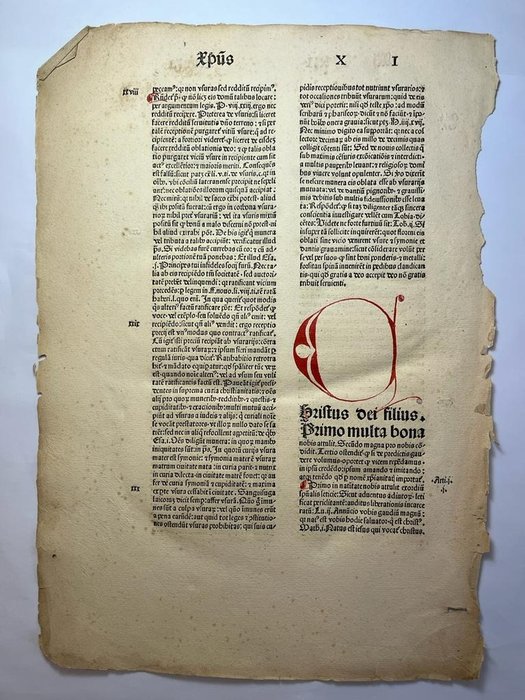 Gratianum Decretum - Incunable 5 book pages with lombards painted in red and blue - 1484