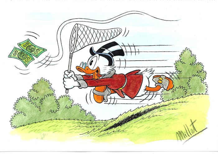 Scrooge McDuck catching banknotes - Original Drawing by Millet - Signed