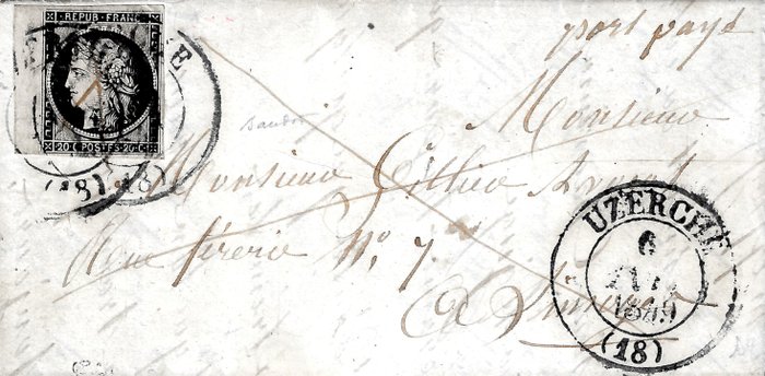 France 1849 - Very rare 20 centimes black, cancelled with large date stamp of 6 January on a letter - Yvert et Tellier n°3