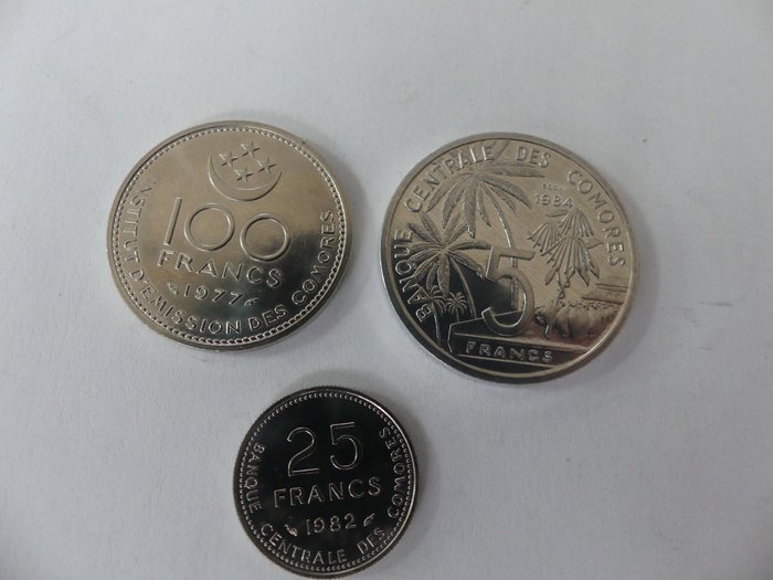 Comore. 5 Francs / 100 Francs 1977 ''Essai'' (3 pieces)