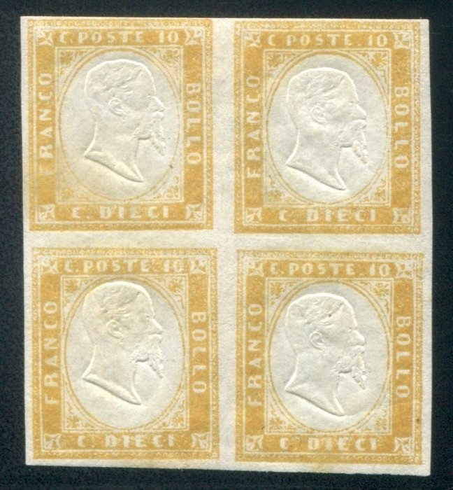 Italienische antike Staaten - Sardinien 1862 - 10 cents ochre yellow, block of four - sassone 14Dd