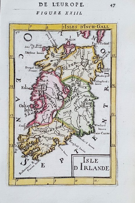 Regno Unito, Ireland, Dublin, Cork, Belfast; Alain Manesson Mallet - Isle d'Irlande - 1661-1680