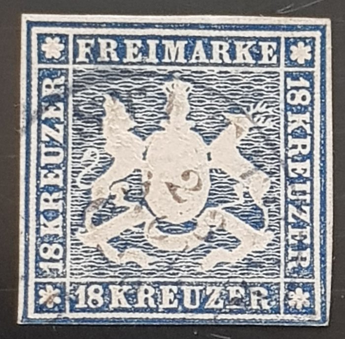 Württemberg 1959 - Coat-of-arms drawing, 18 kreuzers, without silk thread, with certificate - Michel 15