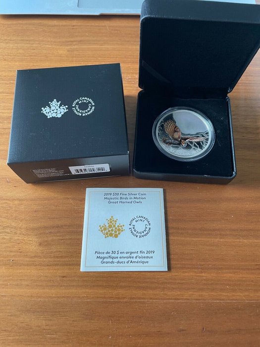 Canada. 30 Dollars 2019 - GREAT HORNED OWLS Majestic Birds in Motion 2 Oz with COA and BOX