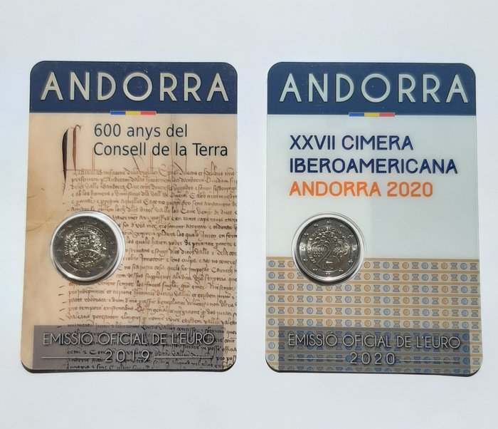 Andorra. 2 Euro 2019/2020 "Consell de la Terra" + "Ibero-American summit" (2 coincards)  (没有保留价)