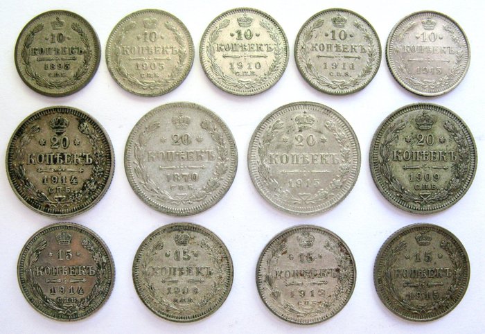 Russland. 10, 15 and 20 Kopeks 1870/1915 - 13 different coins