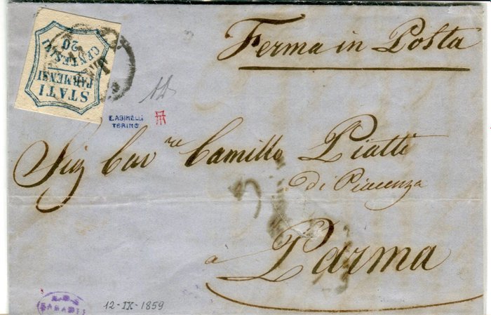 Italienische antike Staaten - Parma 1859 - 20 cents isolated on letter from Piacenza to Parma - sassone 15
