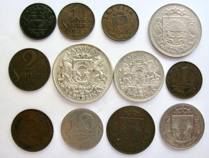 Lettland. Santims / 2 Lati 1922/1939 - 12 different coins incl. silver