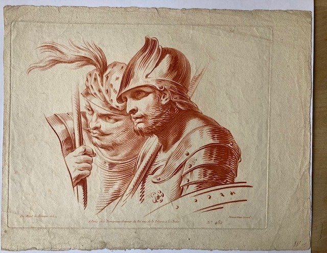 Jacques Dumont (Dessinateur) / Gilles Demarteau (Graveur) - Deux Soldats, en buste, l'un de profile ... avec und casque ... - 1750/1780