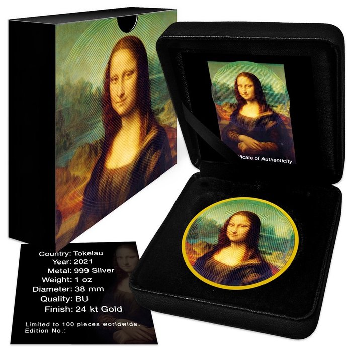 Tokelau. 5 Dollars 2021 Icons Leonardo da Vinci’s Iconic Painting Mona Lisa Gold Gilded Color - 1 oz