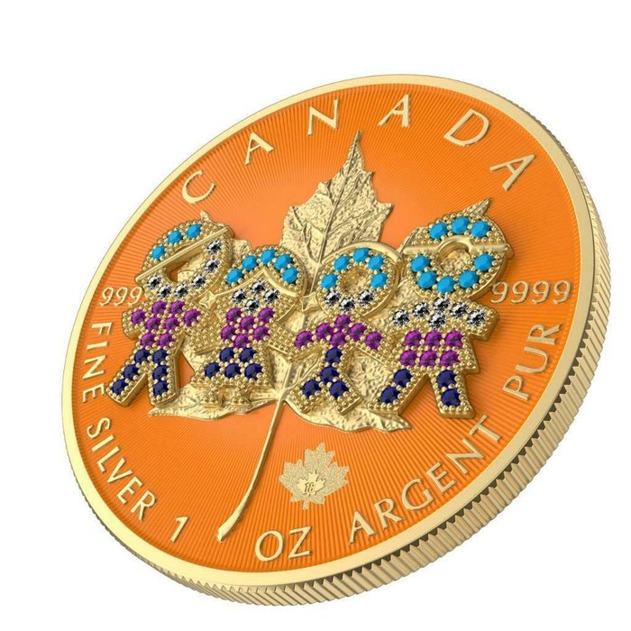 Canadá. 5 Dollars 2021 Maple Leaf - Big Family Orange, 1 Oz (.999)  (Sin Precio de Reserva)