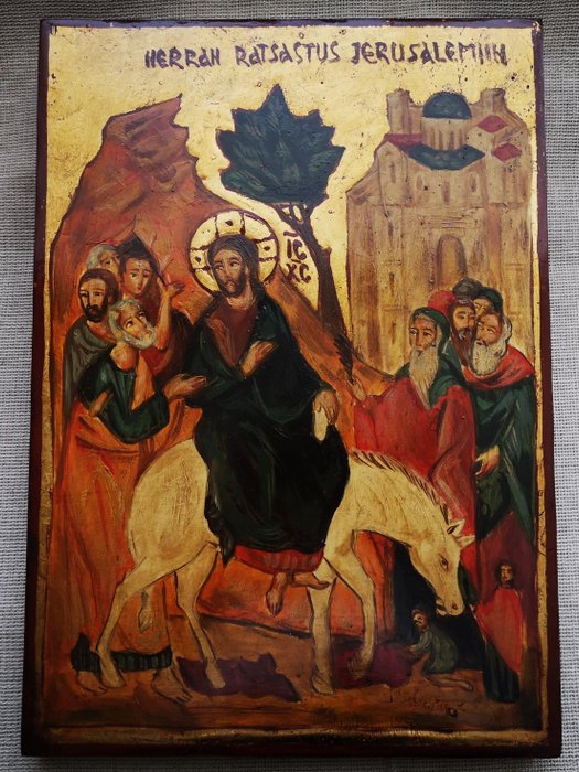 Ingresso del Signore a Gerusalemme: Giardino fiorito, icona bulgara dipinta a mano. - Legno