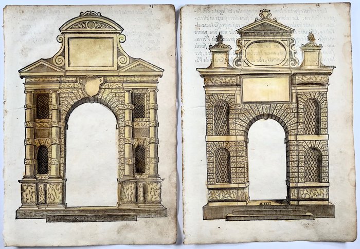 Sebastiano Serlio - 4 pages with 2 woodcuts - Arches, ‘Rustica’ & Ionica’ - 1566