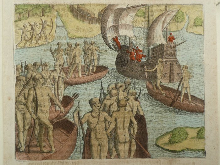 America del Sud, Brasil?; Theodor de Bry (1528-1598) - Schiff von Brickioka kam nach mir fragte und sie ihm kurtzen bericht gaben - 1581-1600