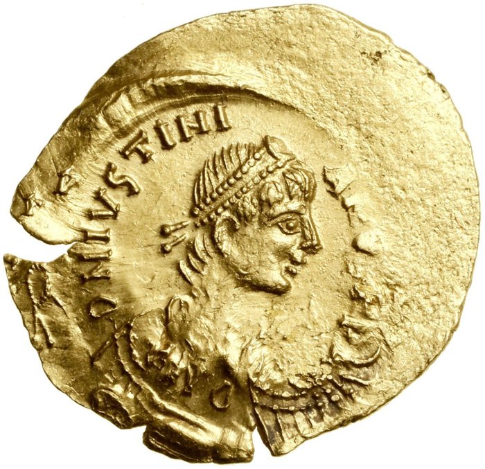 Byzantine Empire. Justinian I (AD 527-565). AV Tremissis,  double struck issue with legends doubled on both obverse and reverse. Constantinople, AD 527-565