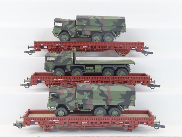 Roco Minitanks H0 - 827/885 - Carro merci - 3 carri con stanti con camion militari MAN - DB