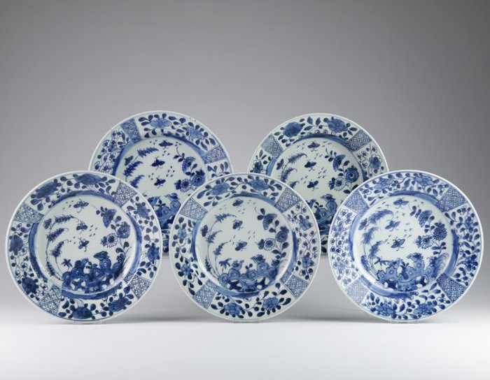 Lastre (5) - Blu e bianco - Porcellana - Fiori, Giardino - Cina - Kangxi (1662-1722)