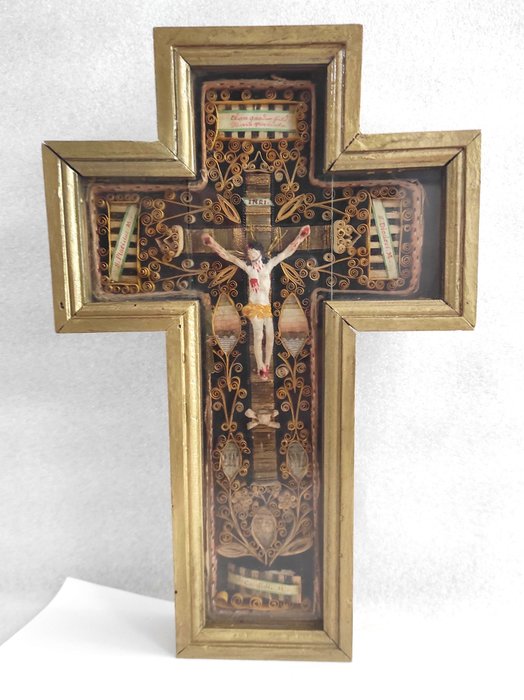 Reliquary ex ossibus in a crucifix-shaped reliquary with memento mori - Legno, Osso