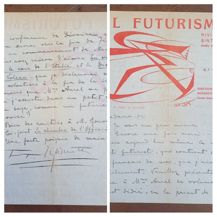 Filippo Tommaso Marinetti /  Giacomo Balla - Tres belle lettre autographe signée à en-tête " Il Futurismo rivista sintetica " - 1923