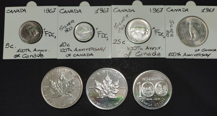 Canada. 5 + 10 + 25 + 50 Cents + 1 + 5 Dollars 1967/1994 (7 pieces) incl. 6x silver