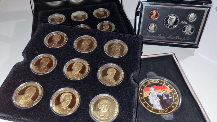 Deutschland, USA. Medailles 'Präsidenten und Kanzler' (18 pieces) + US Mint Proofset + Der Deutschland Gigant