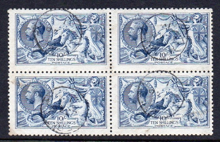 Groot-Brittannië - KGV 1915 10/- Blue De la Rue Seahorse Block of Four - SG412